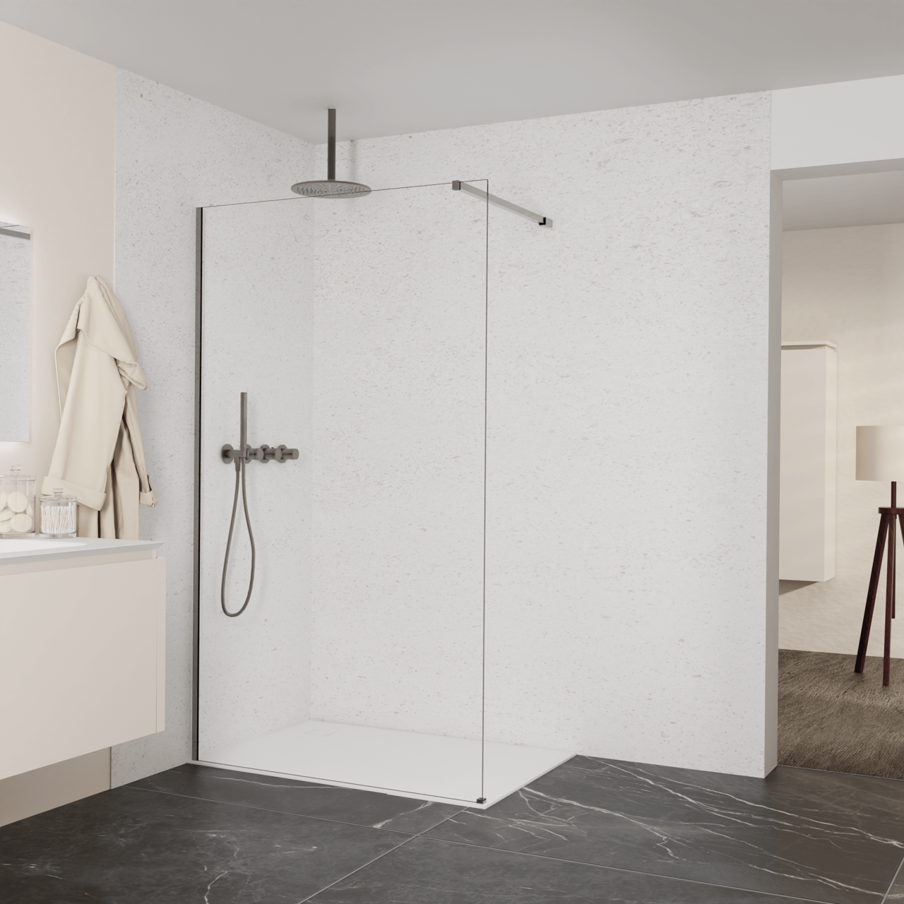 Balmani Modular Walk-In Dusche: 120 x 200 cm, Klarglas, inklusive Coating, Profil Brushed GunMetal