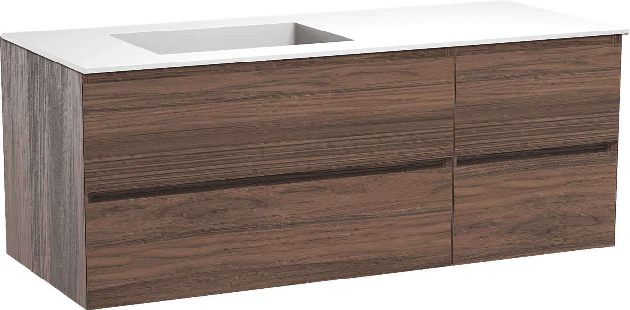 Balmani Mitra hängendes Möbelstück Set: 135 x 55 cm, Nussbaum, mit Tablo Stretto Waschtisch links, Solid Surface Weiß matt