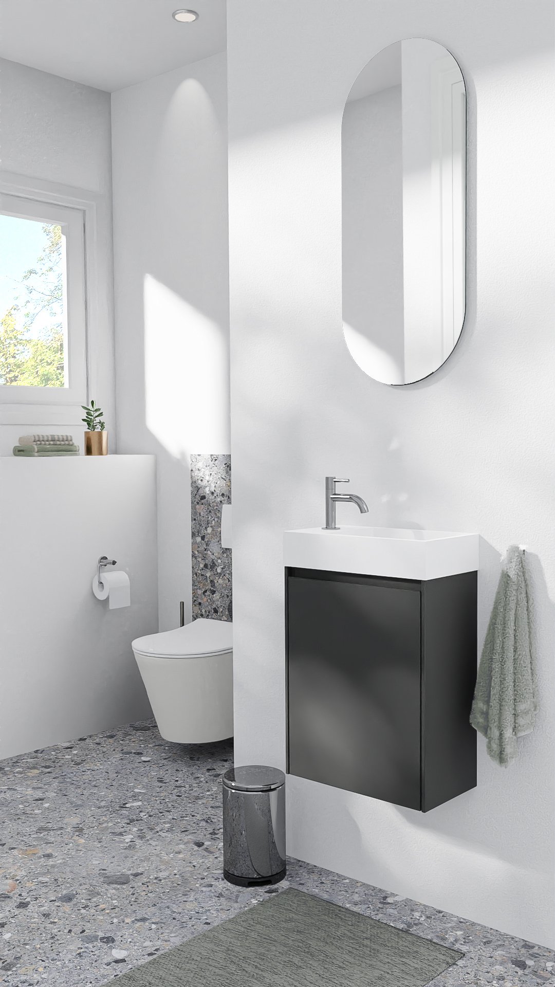 Storke Edge hängendes Badmöbel Set (Gäste WC): 40 x 22 cm, Weiß matt, Fada Waschtisch, Solid Surface, matt