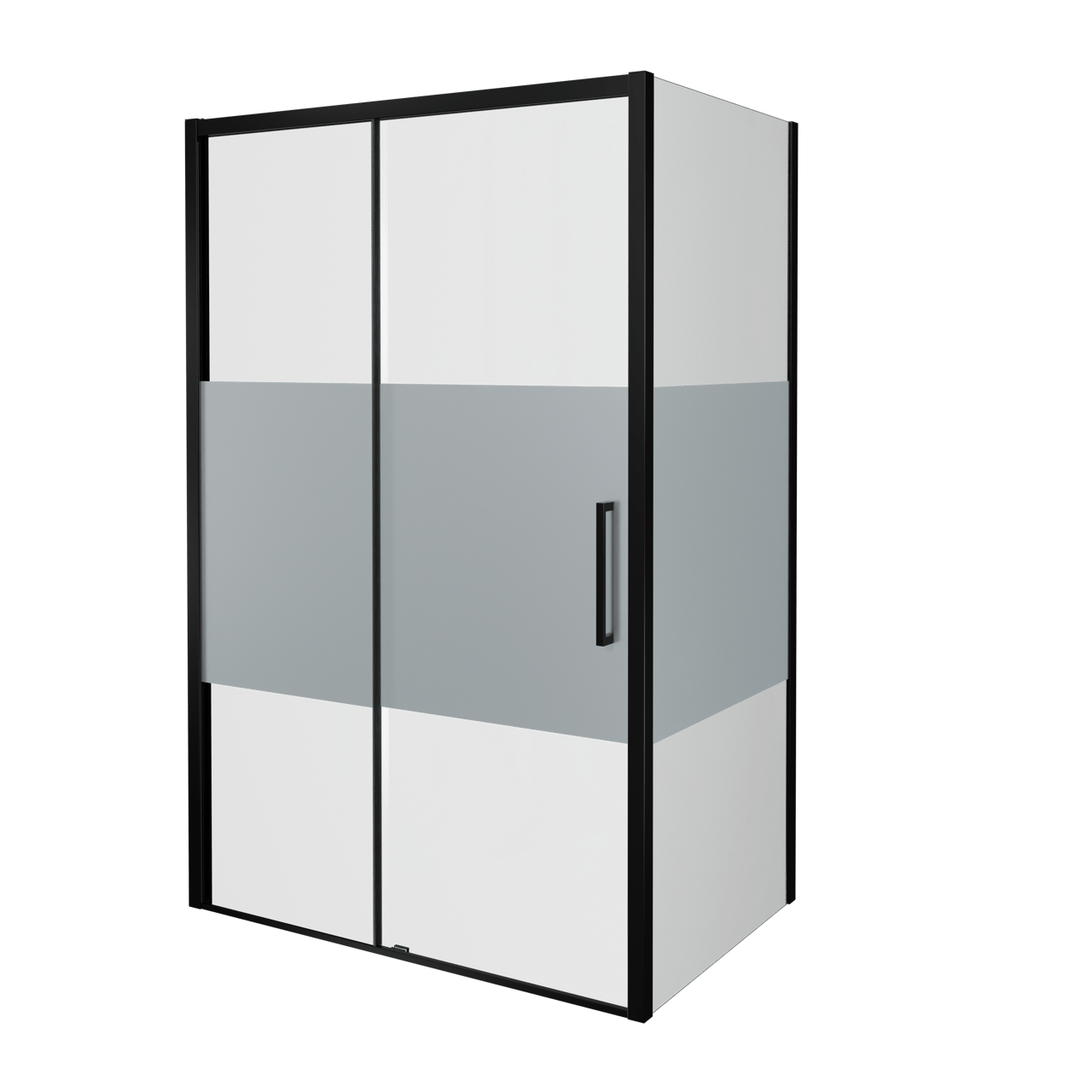 Balmani Senses Design douche d'angle avec porte coulissante à gauche et paroi latérale fixe, 140 x 90 cm, Verre transparent avec bande mate, Profil Noir mat, coating inclus