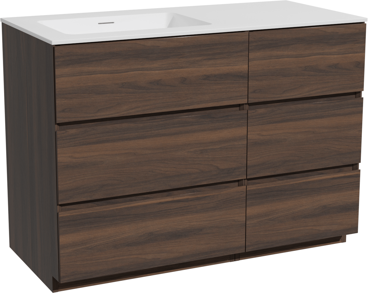 Storke Edge staand badmeubel 110 x 52 cm notenhout met Mata asymmetrisch linkse wastafel in solid surface mat wit