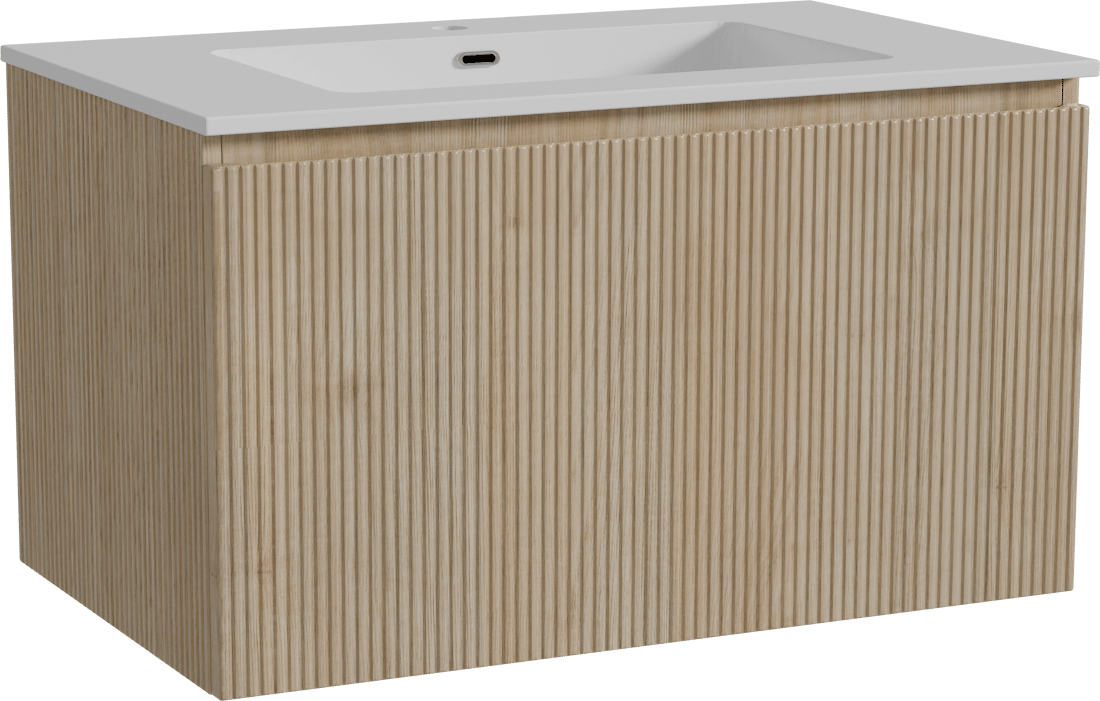 Storke Ribs meuble salle de bains suspendu 85 x 52 cm chêne brut avec Diva plan simple en marbre composite blanc brillant, Nervure droite symétrique verticale