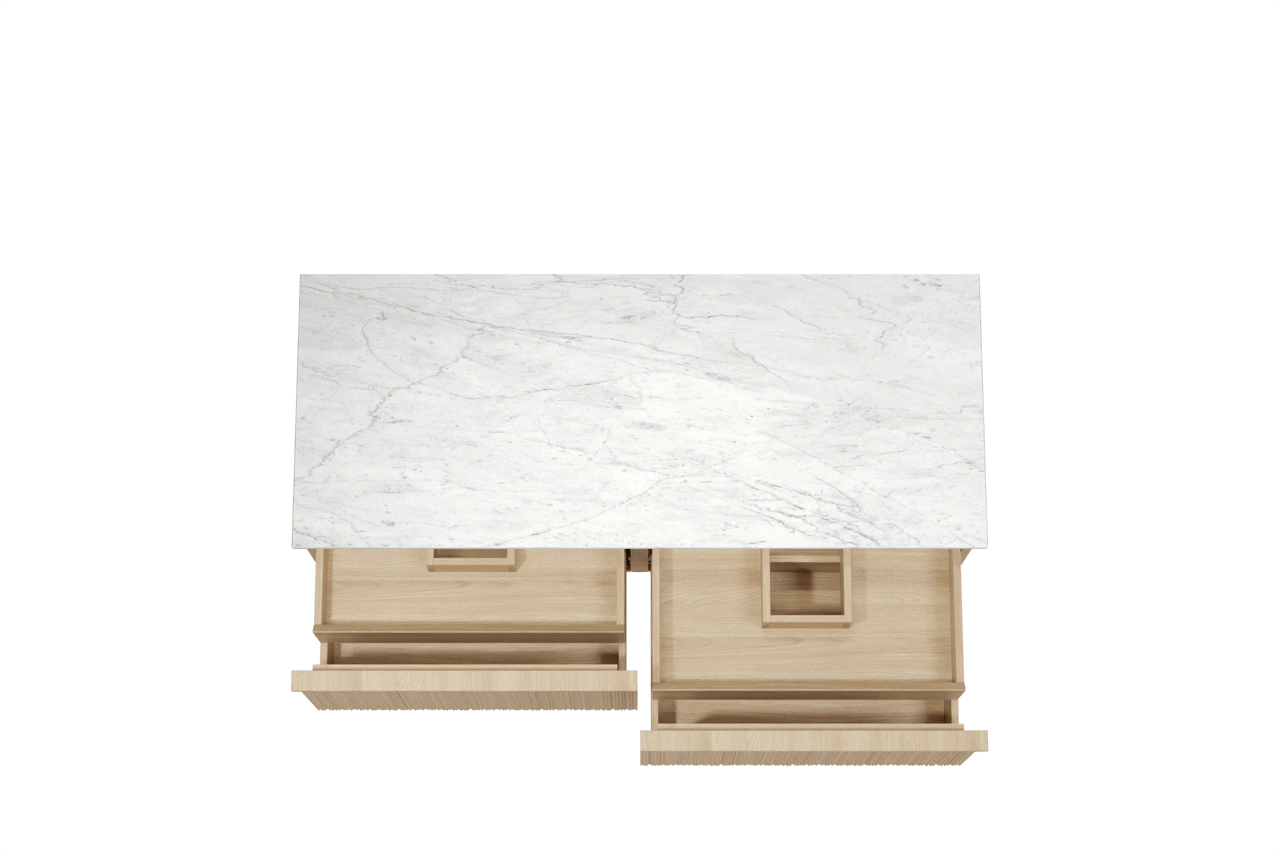 Balmani Forma zwevend badkamermeubel 135 x 55 cm natuur eik met Stretto enkel of dubbel tablet in marmer carrara, Verticale asymmetrische ronde ribbel