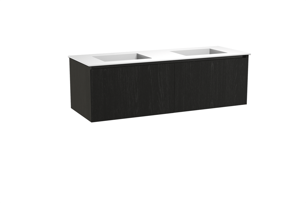 Balmani Fila hängendes Möbelstück Set: 150 x 55 cm, Schwarze Eiche, mit Tablo Stretto Doppelwaschtisch, Solid Surface, Weiß matt, Vertikale symmetrische gerade Rippe