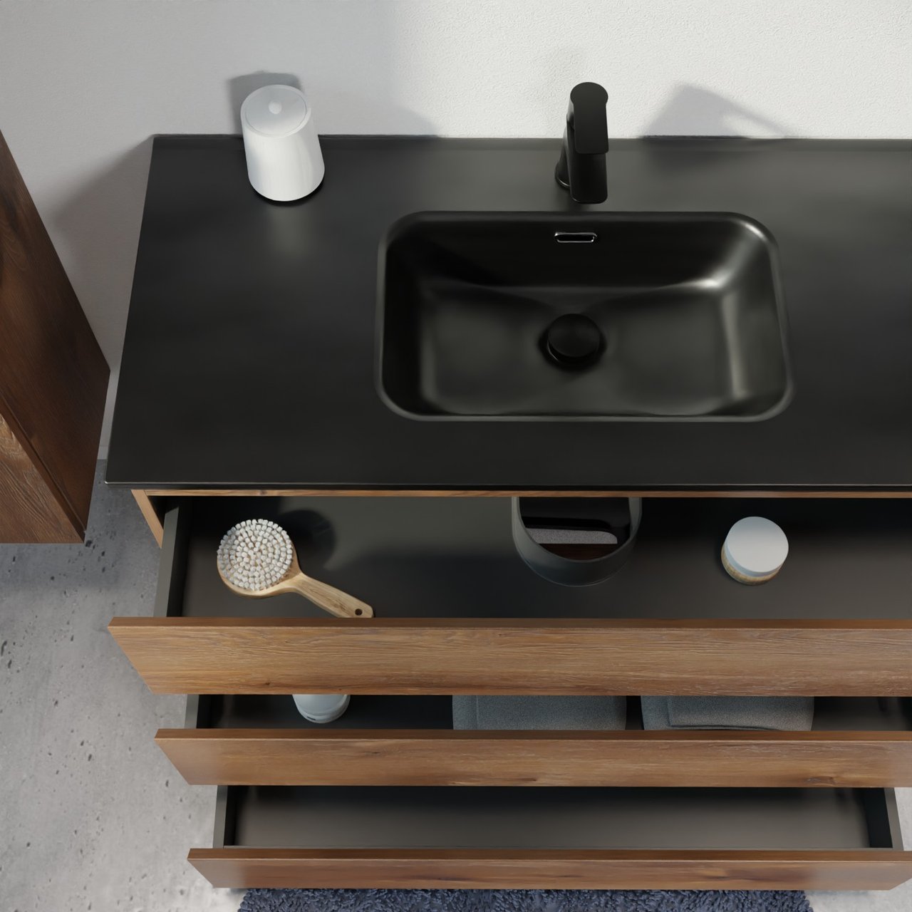 Linie Lado freistehendes Möbelstück Set: 80 x 46 cm, Braune Eiche, mit Baro Einzelwaschtisch, Porzellan Schwarz matt