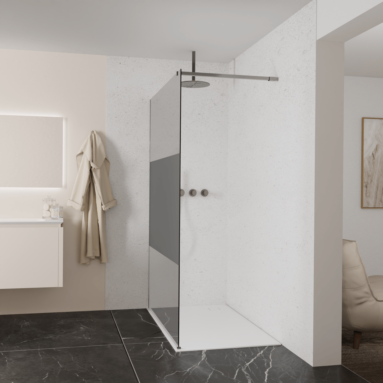 Balmani Modular Walk-In Dusche: 140 x 200 cm, Rauchglas mit mattiertem Streifen, Profil Brushed GunMetal