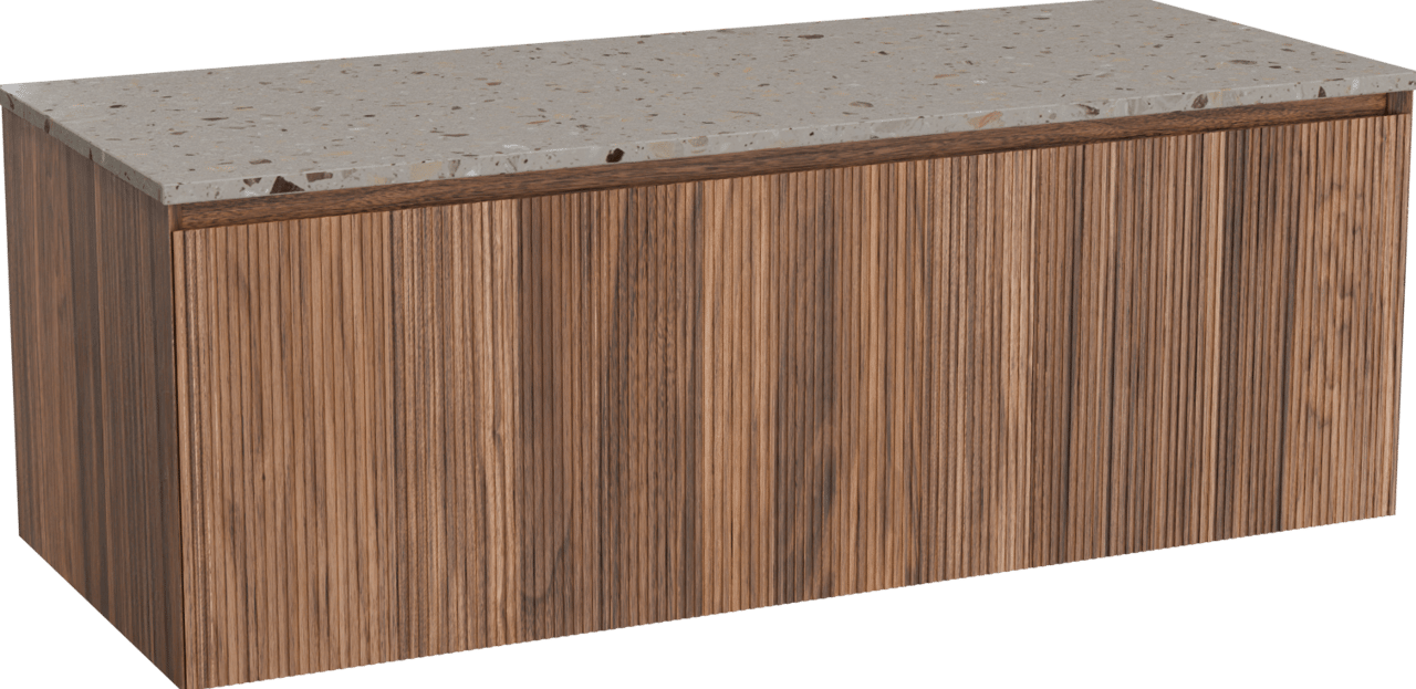 Balmani Fila zwevend badmeubel 135 x 55 cm notenhout met Stretto enkel of dubbel wastafelblad in terrazzo greige terrazzo, Verticale symmetrische rechte ribbel