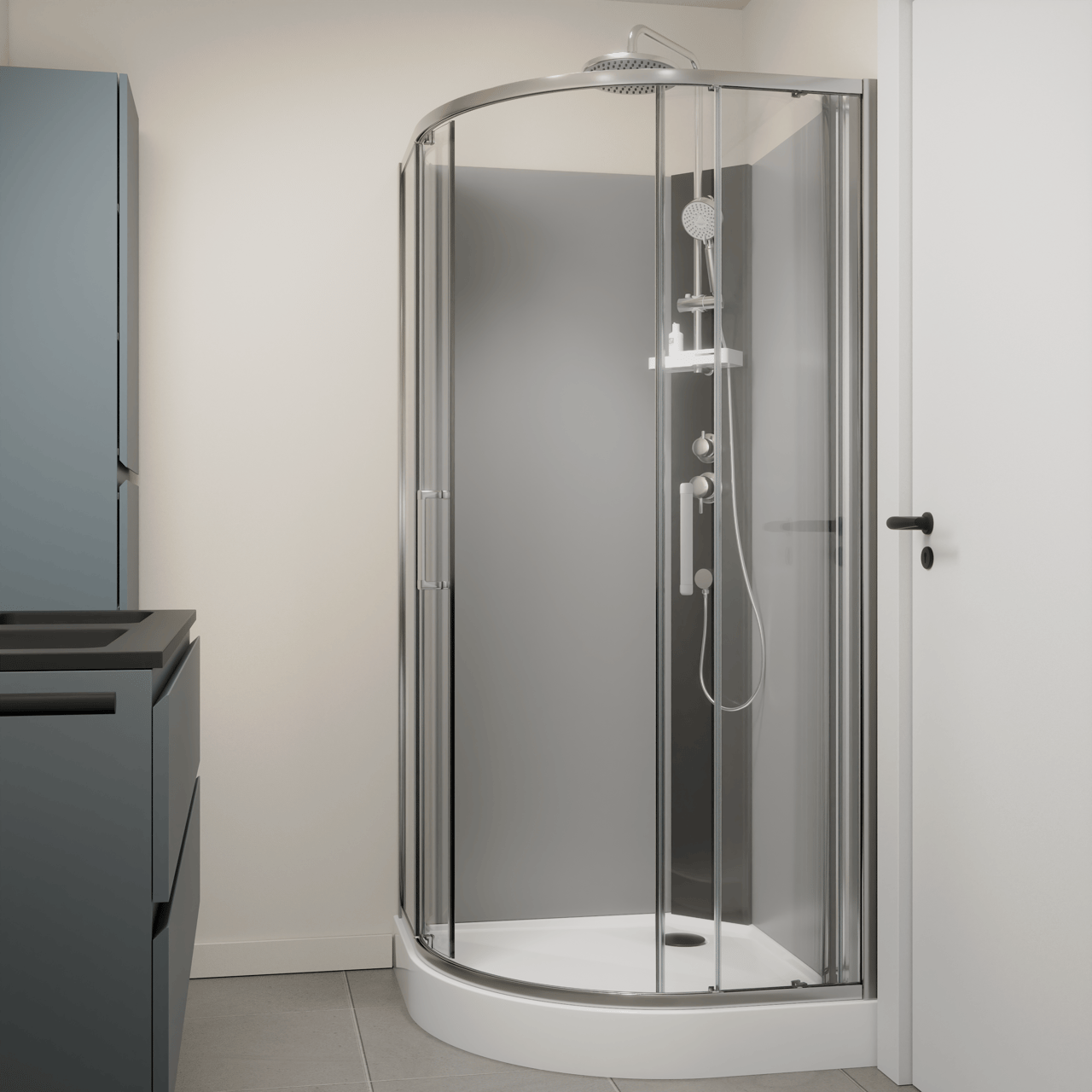 Linie Salta cabine de douche quart de rond avec portes coulissantes 90 x 90 cm verre transparent profil chrome avec robinet