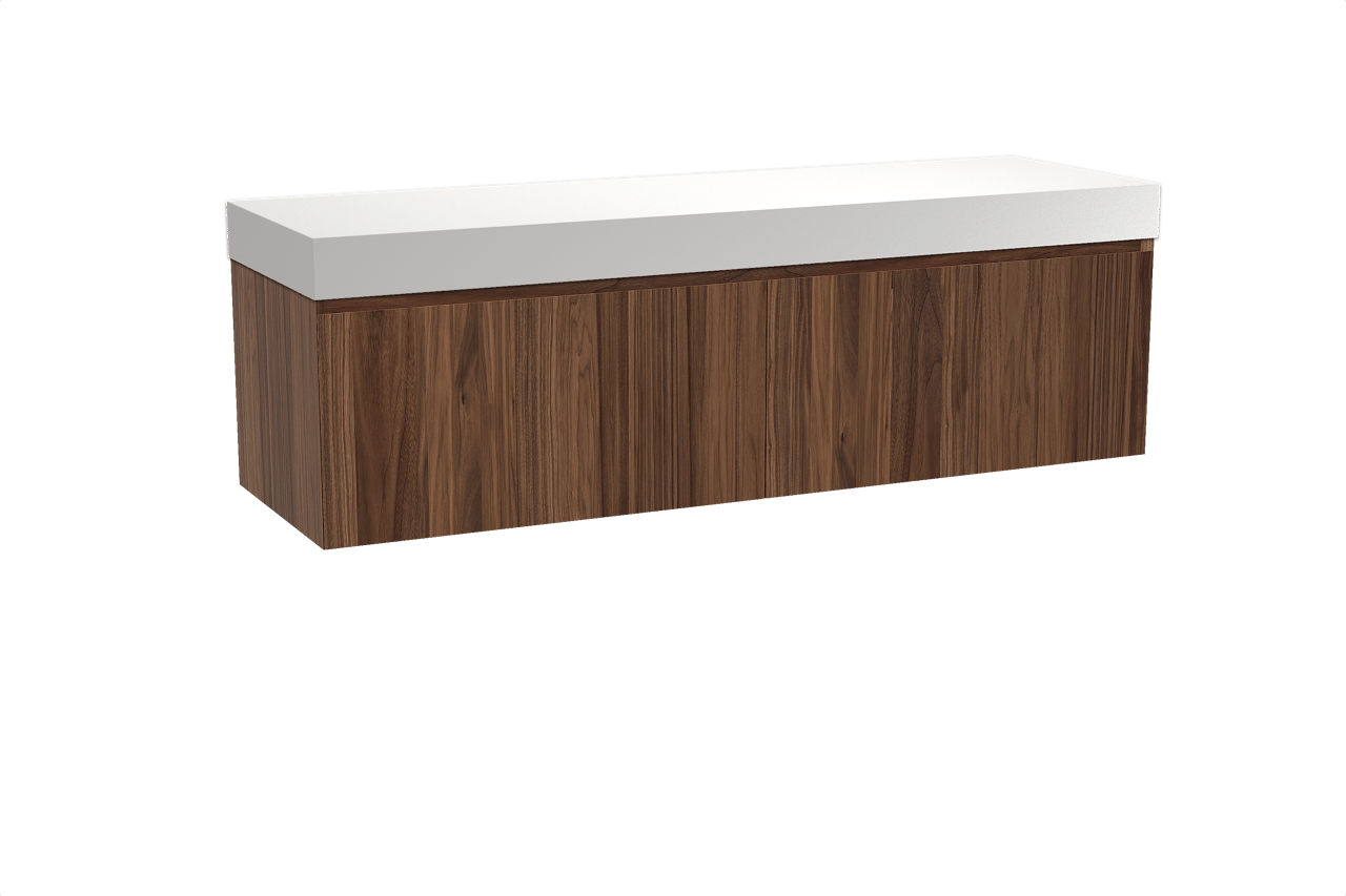 Balmani Idra hängendes Möbelstück Set: 180 x 55 cm, Nussbaum, mit Dominus Einzel- oder Doppel Waschtischplatte, Solid Surface Weiß matt