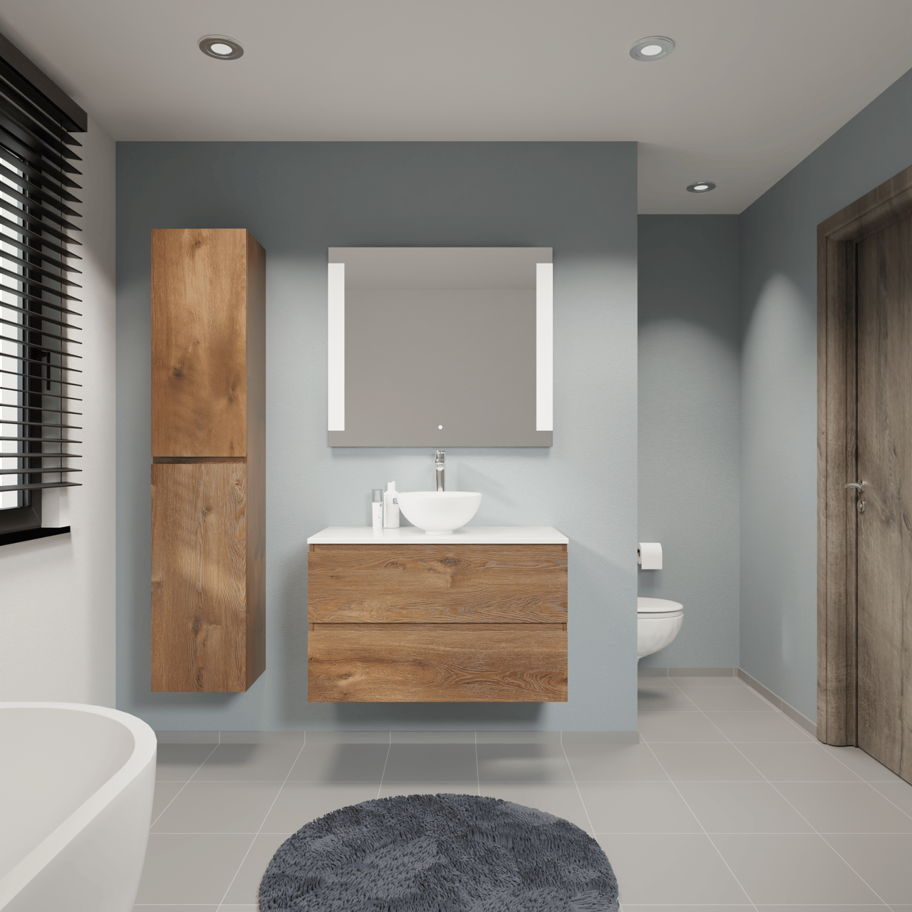 Linie Lado zwevend badkamermeubel 90 x 46 cm bruine eik met Lado enkel tablet in composietmarmer glanzend wit