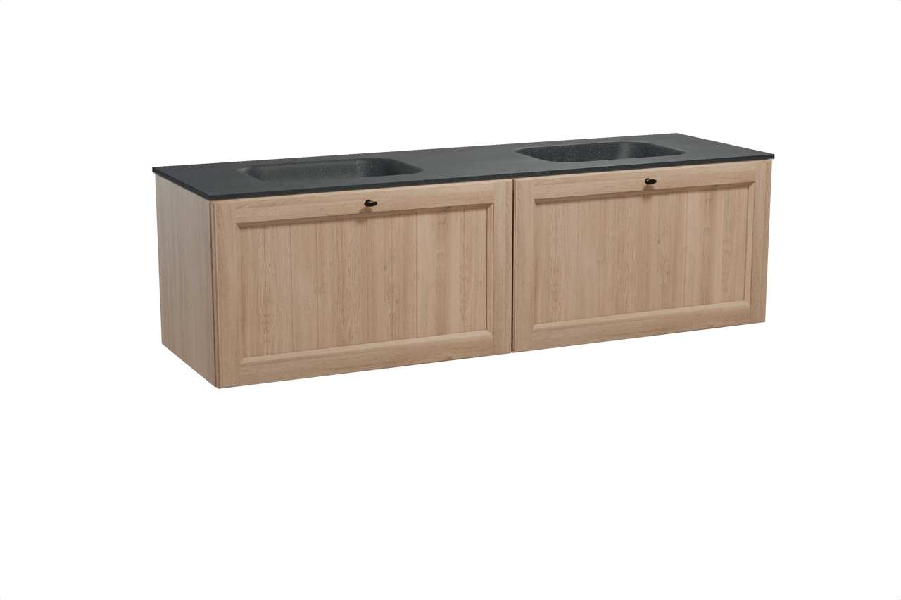 Balmani Lemon meuble salle de bains suspendu 180 x 55 cm chêne vieilli avec Tablo Arcato double vasque en granit noir