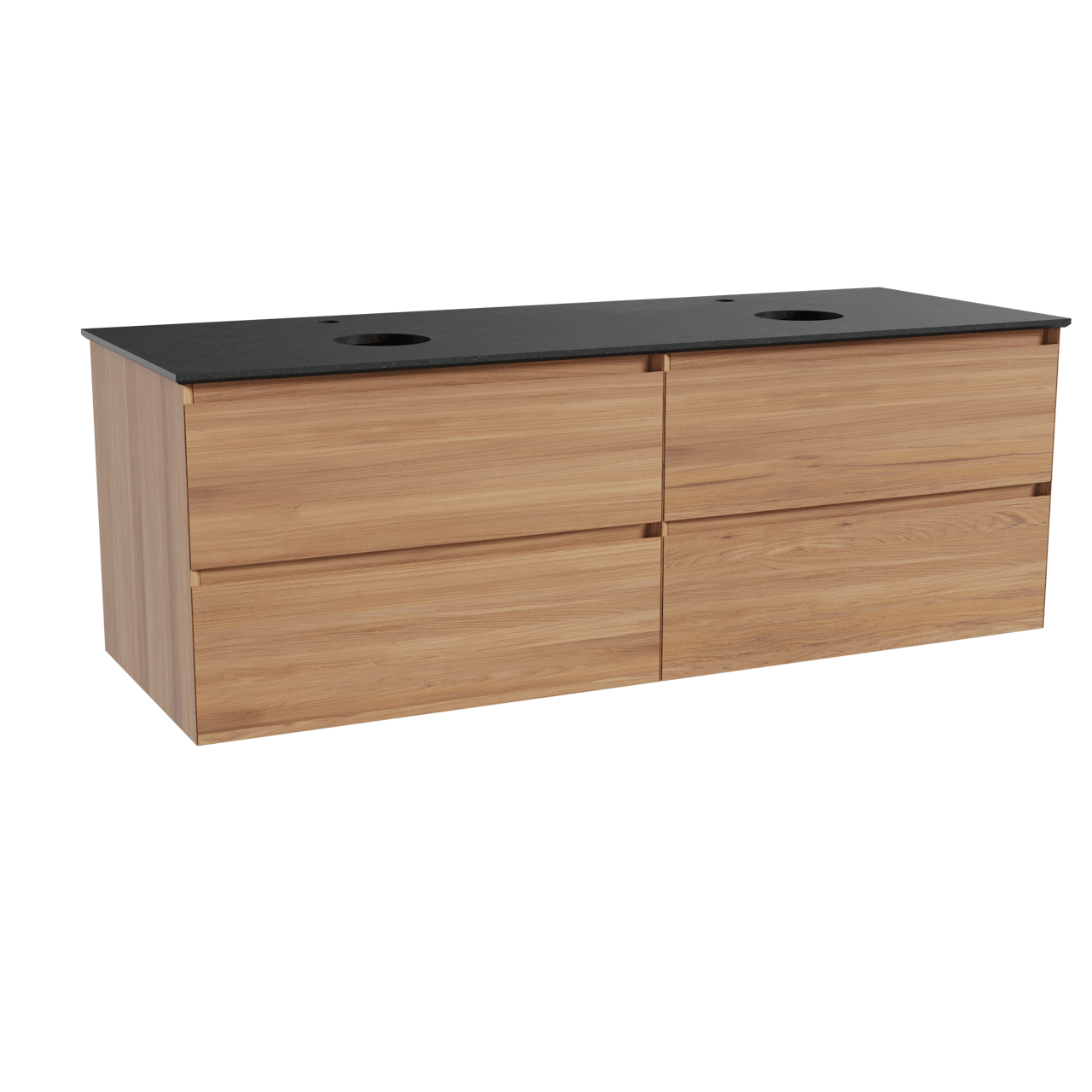 Balmani Mitra zwevend badkamermeubel 150 x 55 cm teak met Facetta dubbel tablet in graniet zwart