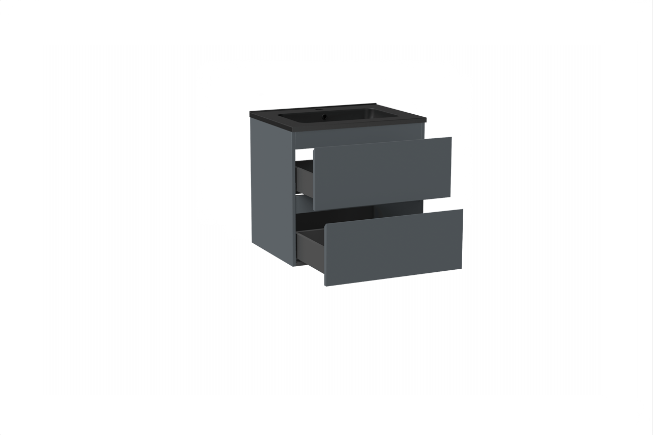 Linie Lado hängendes Möbelstück Set: 60 x 46 cm, Anthrazitblau, mit Vano Einzelwaschtisch, Marmorkomposit Schwarz matt