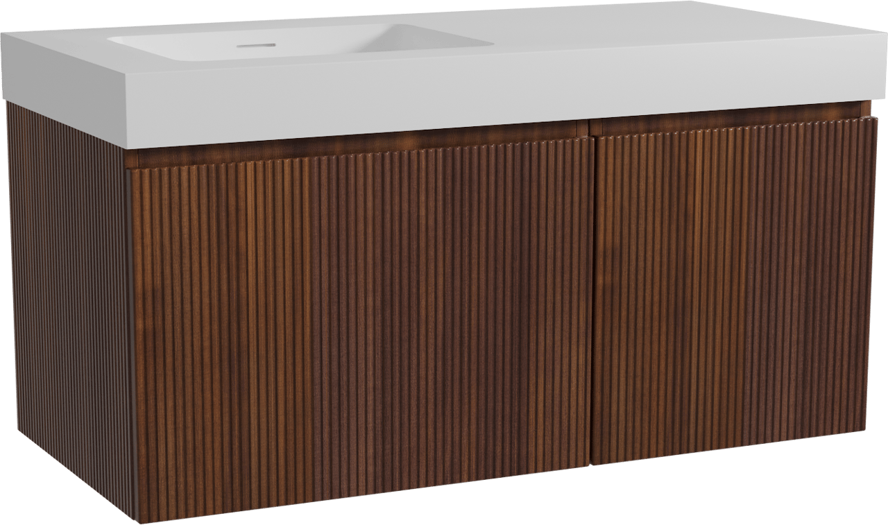 Storke Ribs zwevend badmeubel 110 x 52 cm notenhout met Mata High asymmetrisch linkse wastafel in solid surface mat wit, Verticale symmetrische rechte ribbel