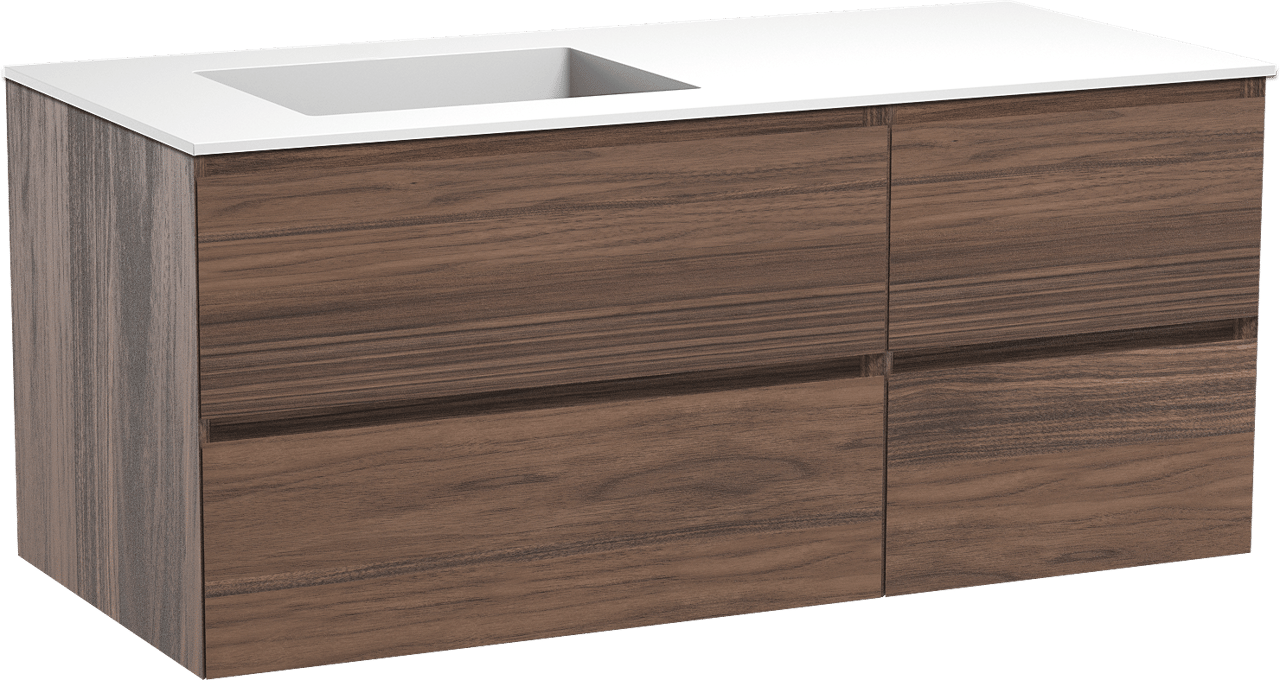 Balmani Mitra hängendes Möbelstück Set: 120 x 55 cm, Nussbaum, mit Tablo Stretto Waschtisch links, Solid Surface Weiß matt