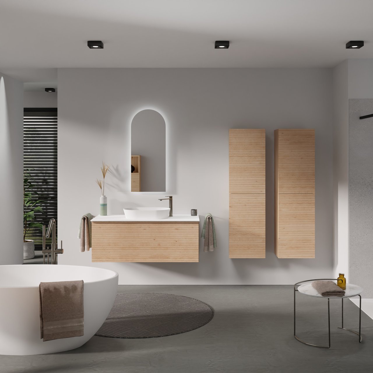 Balmani Forma meuble salle de bains suspendu 120 x 55 cm chêne naturel avec Stretto tablette simple ou double en solid surface blanc mat, Nervure droite symétrique horizontale