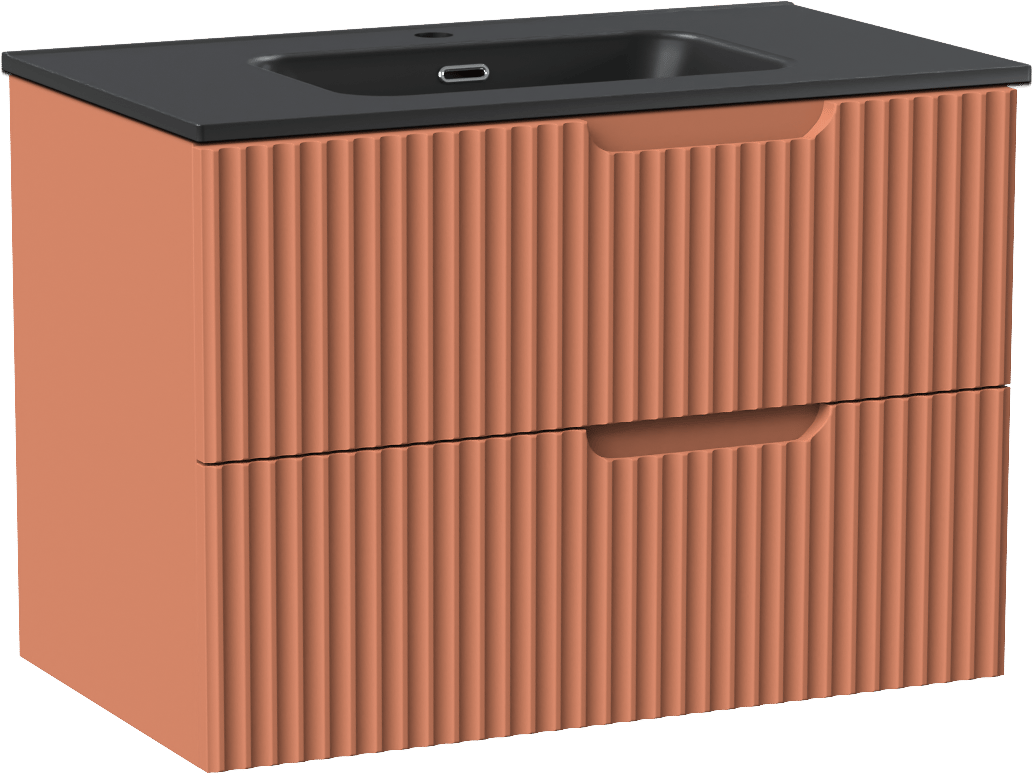 Linie Ribbo zwevend badmeubel 80 x 46 cm cotto met Baro enkele wastafel in porselein mat zwart, Verticale symmetrische ronde ribbel