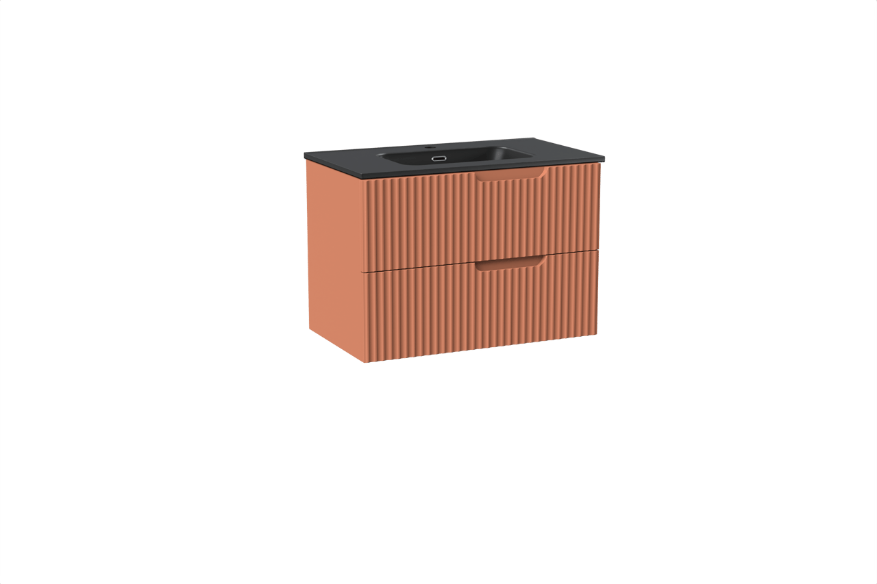 Linie Ribbo meuble salle de bains suspendu 80 x 46 cm cotto avec Baro plan simple en porcelaine noir mat, Nervure circulaire symétrique verticale