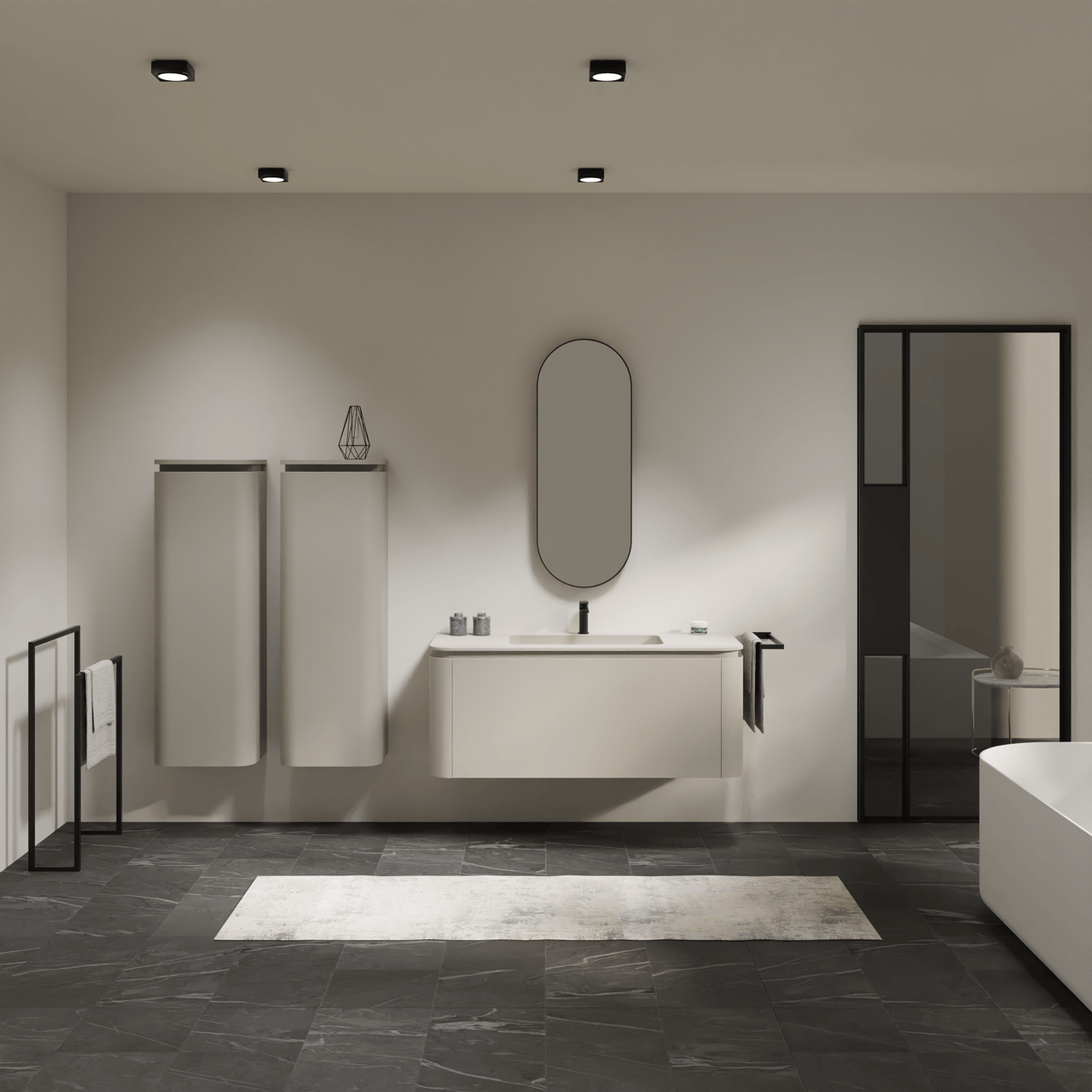 Balmani Moon hängendes Möbelstück Set: 130 x 55 cm, Seidengrau, mit Moon Einzelwaschtisch, Top Solid Seidengrau