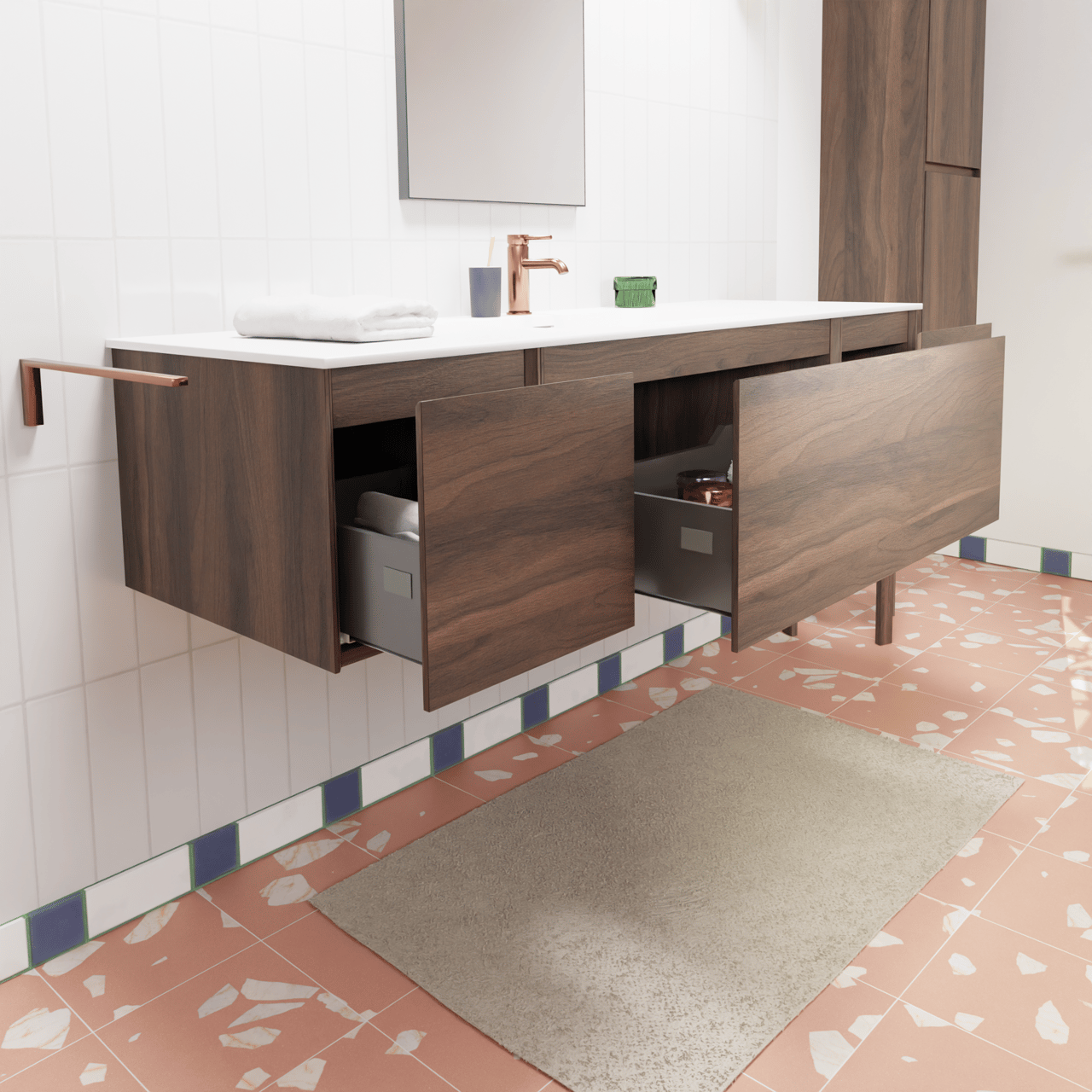 Storke Edge zwevend badkamermeubel 155 x 52 cm notelaar met Mata enkele wastafel in solid surface mat wit