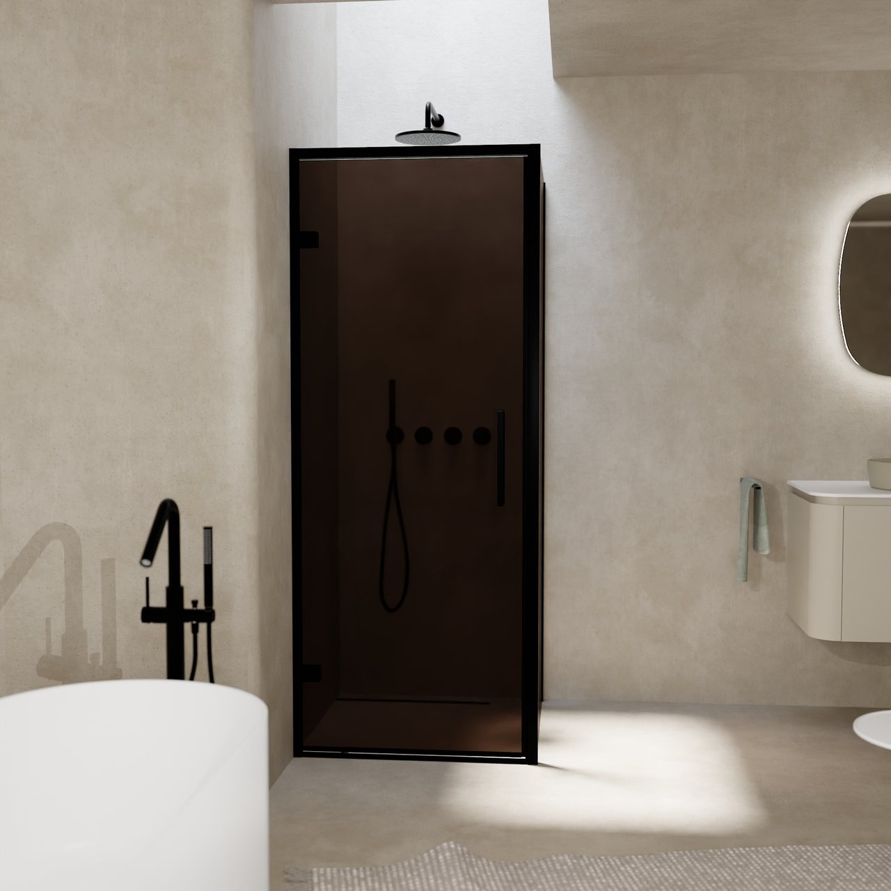 Balmani Senses Design douchehoek met linkse draaideur en vaste zijwand, 90 x 90 cm, Brons, Zwarte profielen