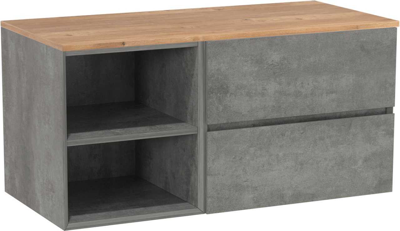 Storke Edge hängendes Möbelstück Set: 110 x 52 cm, Beton dunkelgrau, mit Panton Einzel Waschtischplatte, Melamin Rohe Eiche