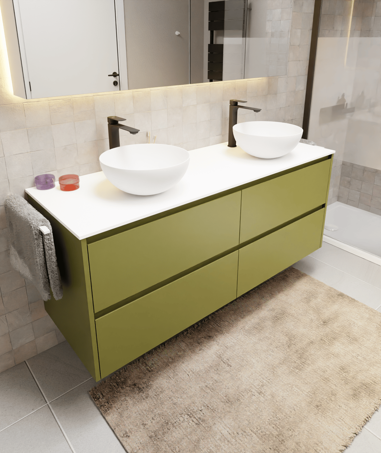 Storke Seda hängender Waschbeckenunterschrank: 150 x 52 cm, Olivgrün, 4 Schubladen