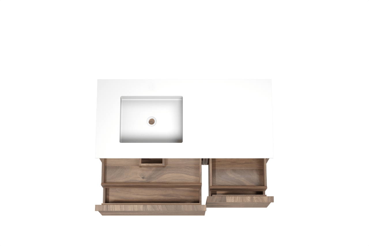 Balmani Forma hängendes Möbelstück Set: 120 x 55 cm, Amerikanischer Nussbaum, mit Tablo Stretto Waschtisch links, Solid Surface, Weiß matt, Horizontale symmetrische gerade Rippe