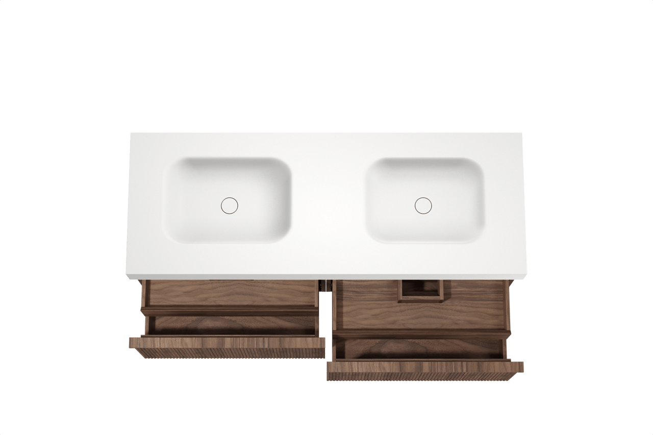 Balmani Forma hängendes Möbelstück Set: 150 x 55 cm, Amerikanischer Nussbaum, mit Arcato Doppelwaschtisch, Solid Surface, Weiß matt, Vertikale symmetrische gerade Rippe