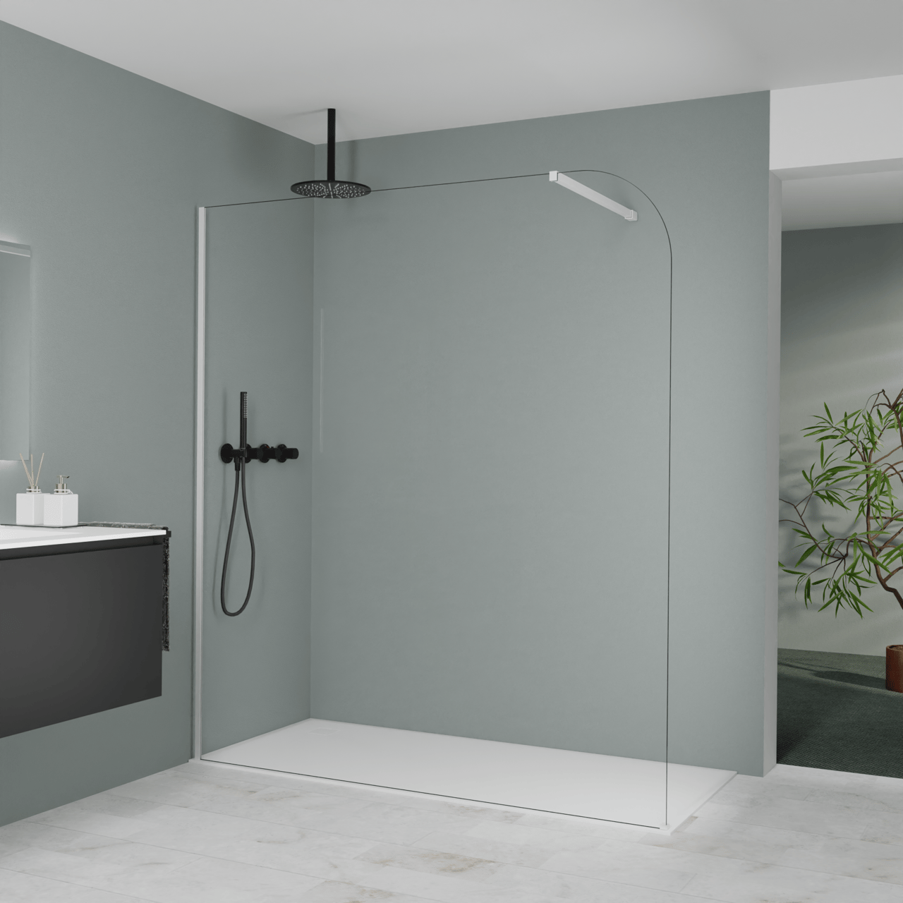 Balmani Modular inloopdouche: 180 x 200 cm, Helder glas afgerond, Mat witte profielen