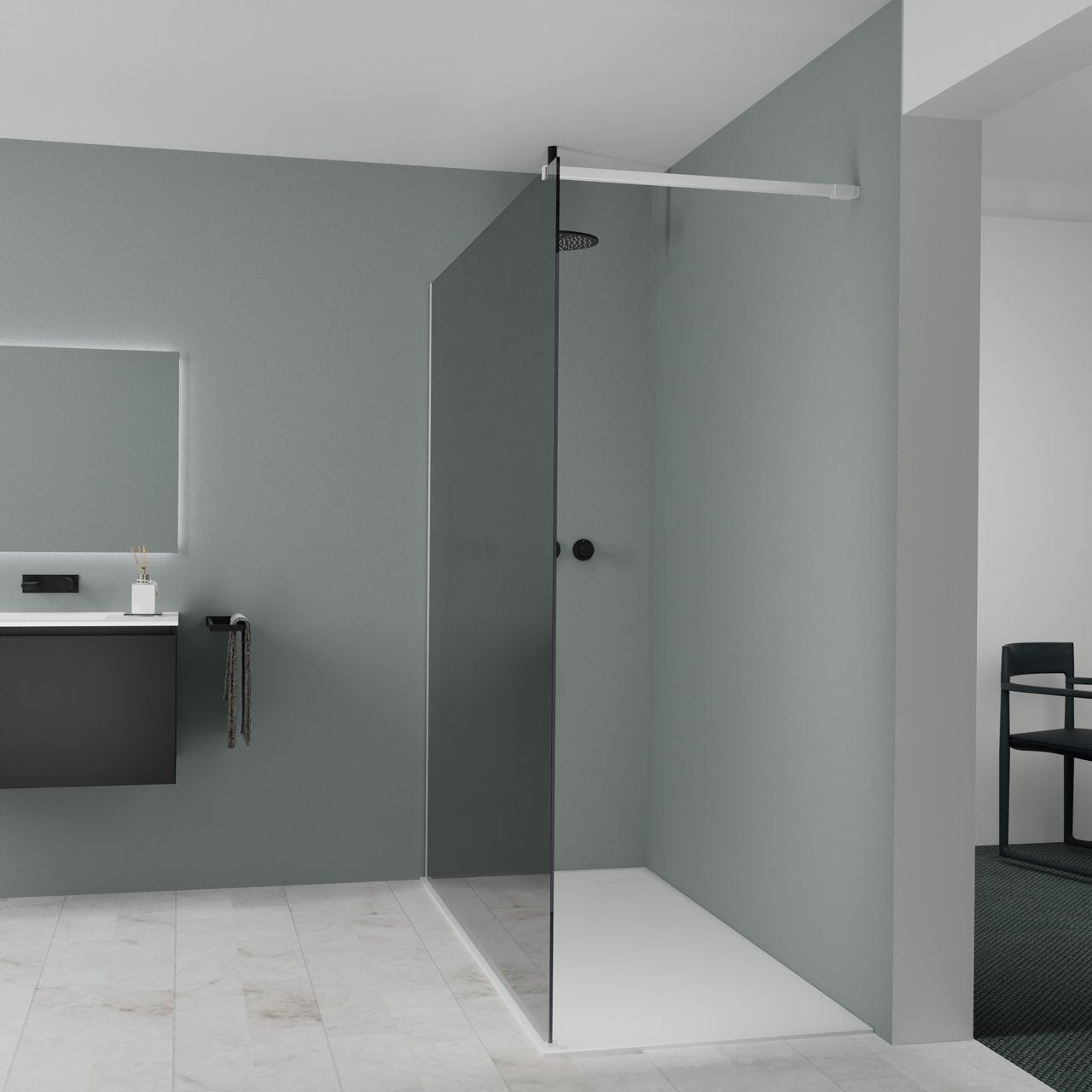 Balmani Modular douche à l'italienne: 180 x 200 cm, Miroir Reflex, Profil Blanc mat