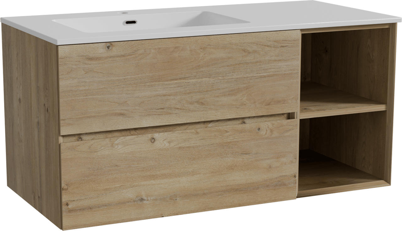 Storke Edge zwevend badkamermeubel 110 x 52 cm ruwe eik met Diva asymmetrisch linkse wastafel in composietmarmer glanzend wit