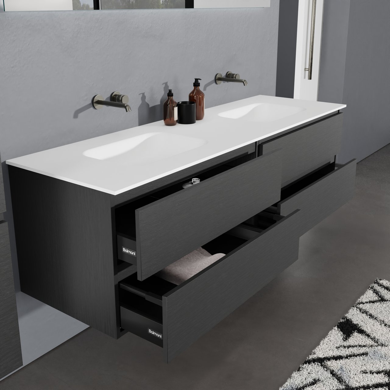 Balmani Lucida zwevend badkamermeubel 180 x 55 cm zwarte eik met Tablo Arcato dubbele wastafel in solid surface mat wit
