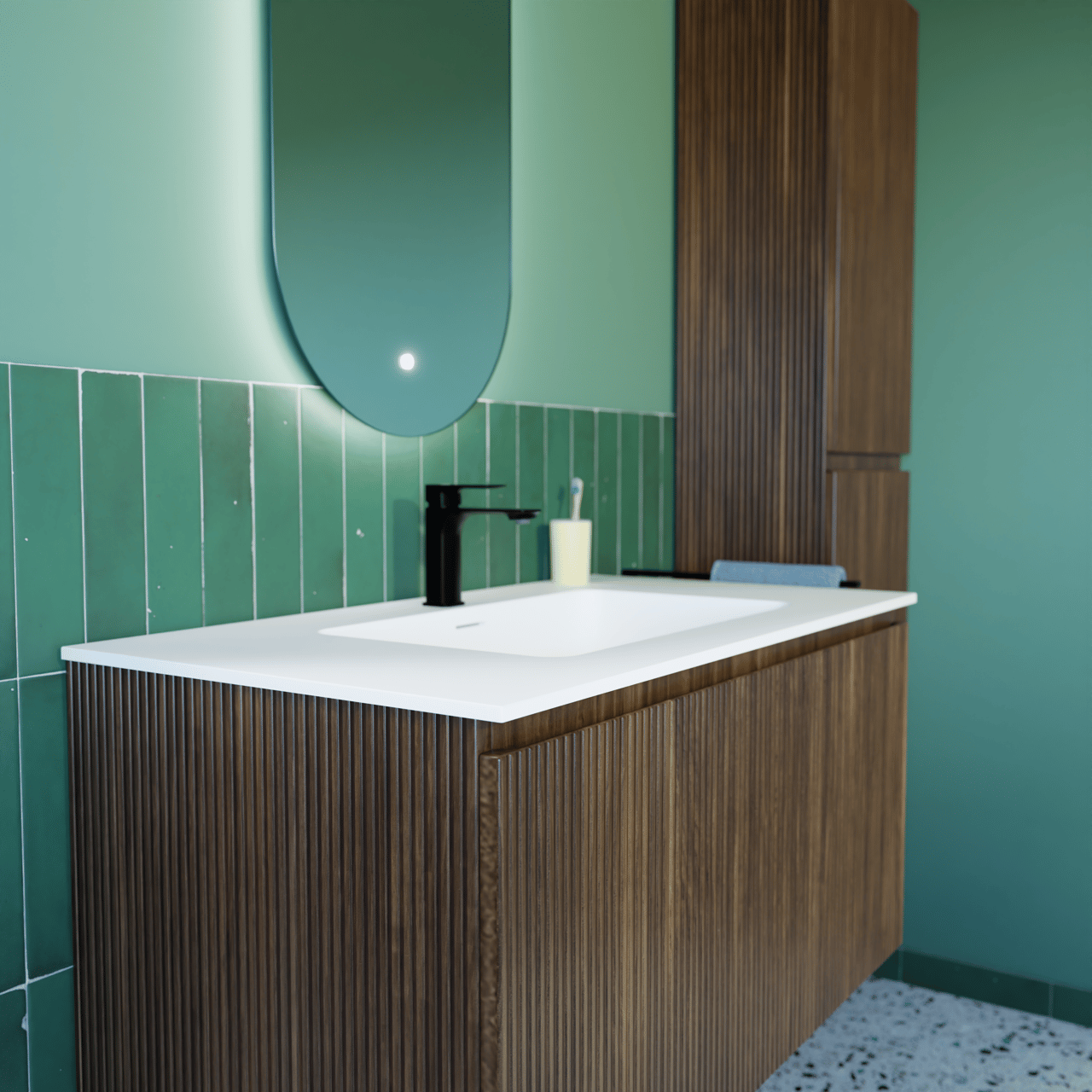 Storke Ribs zwevend badmeubel 95 x 52 cm notenhout met Mata enkele wastafel in solid surface mat wit, Verticale symmetrische rechte ribbel