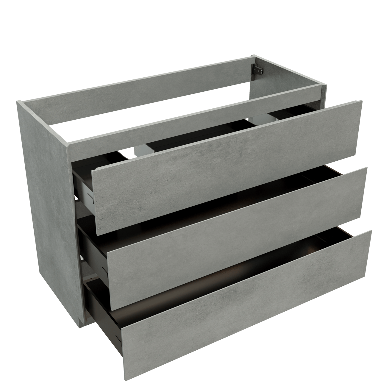 Storke Edge stehender Waschbeckenunterschrank: 120 x 52 cm, Beton dunkelgrau, 3 Schubladen, 2 Siphonaussparungen