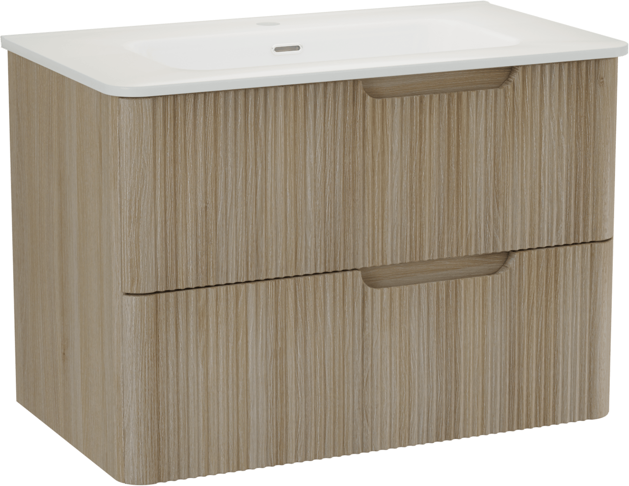 Linie Curvo zwevend badkamermeubel 80 x 46 cm lichte eik met Baro Curvo enkele wastafel in porcelein glanzend wit, Verticale symmetrische ronde ribbel