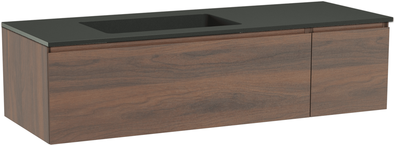 Storke Edge meuble salle de bains suspendu 140 x 52 cm noyer avec Scuro vasque asymétrique gauche en quartz noir mat