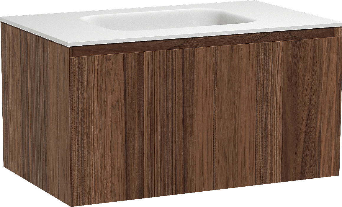 Balmani Idra zwevend badkamermeubel 90 x 55 cm notelaar met Tablo Arcato enkele wastafel in solid surface mat wit