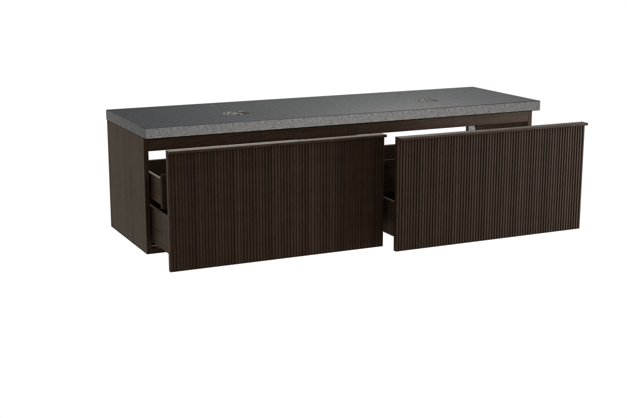 Balmani Forma hängendes Möbelstück Set: 180 x 55 cm, Geräucherte Eiche, mit Rock Doppel Waschtischplatte, Granit, Schwarzes Granit, Vertikale symmetrische gerade Rippe