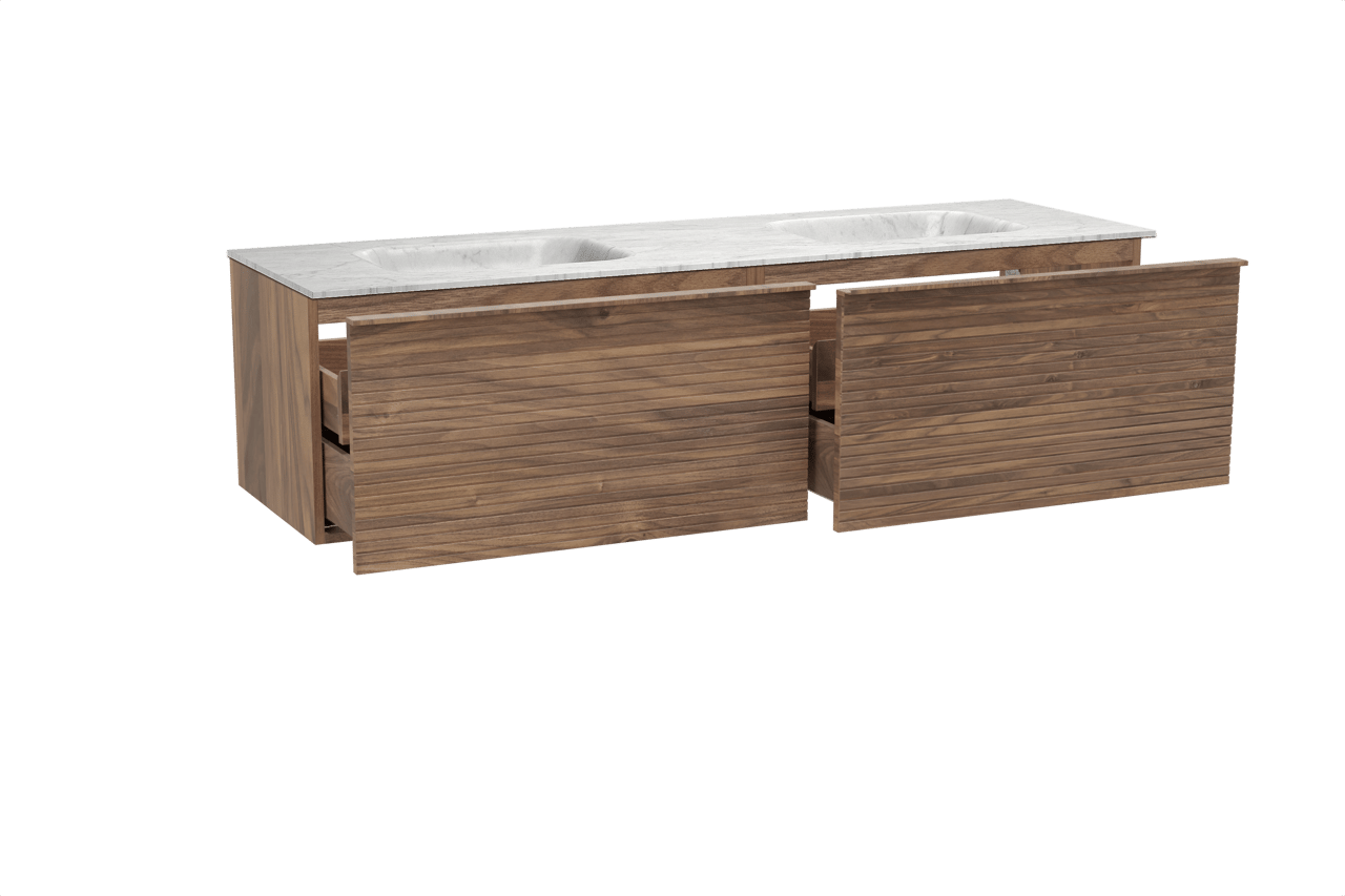 Balmani Forma hängendes Möbelstück Set: 180 x 55 cm, Amerikanischer Nussbaum, mit Tablo Arcato Doppelwaschtisch, Marmor, Carrara, Horizontale symmetrische gerade Rippe