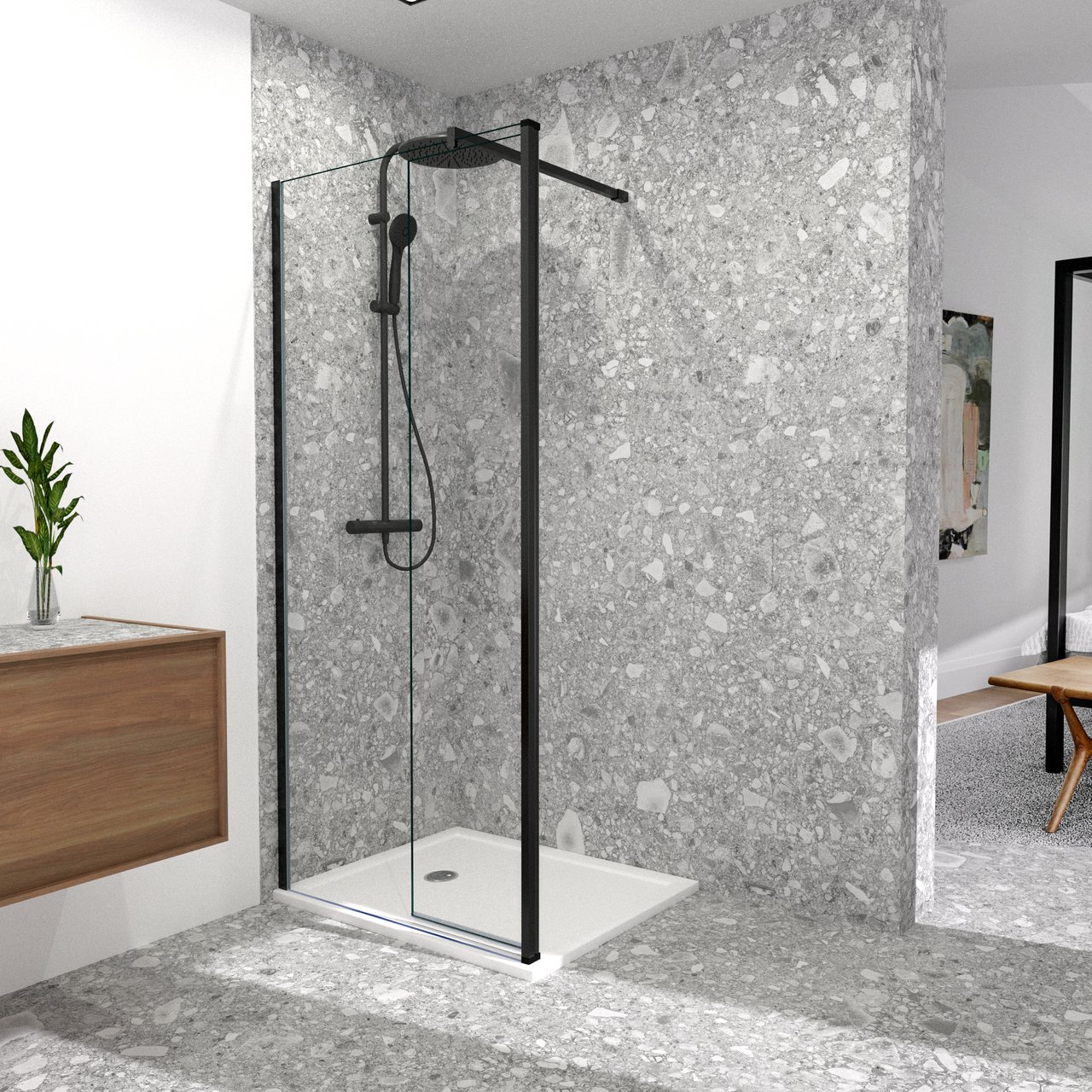 Balmani Move Walk-In Dusche: Bewegliche Seitenwand, 90 x 200 cm, Klarglas, Schwarzes Profil, matt