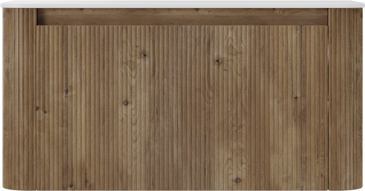 Storke Soft meuble salle de bains suspendu 100 x 46 cm chêne brut avec Tavola Soft tablette simple en Solid Surface blanc mat, Nervure droite symétrique verticale