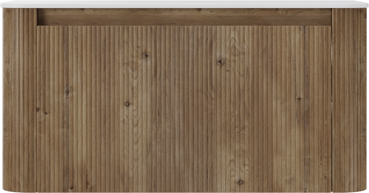 Storke Soft zwevend badkamermeubel 100 x 46 cm ruwe eik met Tavola Soft enkele tablet in solid surface mat wit, Verticale symmetrische rechte ribbel