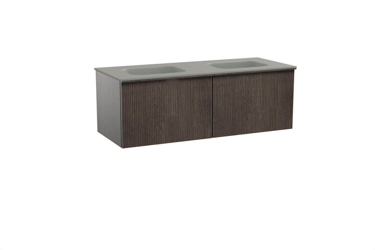 Balmani Forma hängendes Möbelstück Set: 135 x 55 cm, Geräucherte Eiche, mit Tablo Arcato Doppelwaschtisch, Solid Surface, Steingrau, Vertikale symmetrische gerade Rippe