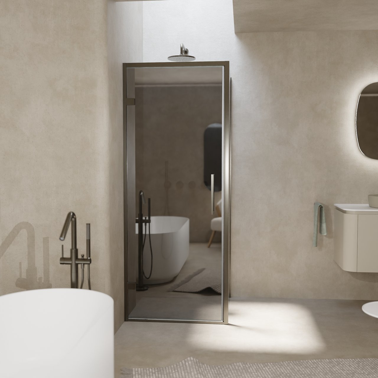 Balmani Senses Design douche en coin avec porte pivotante à gauche et paroi latérale fixe, 90 x 90 cm, Miroir Reflex, Profil Brushed GunMetal, coating inclus