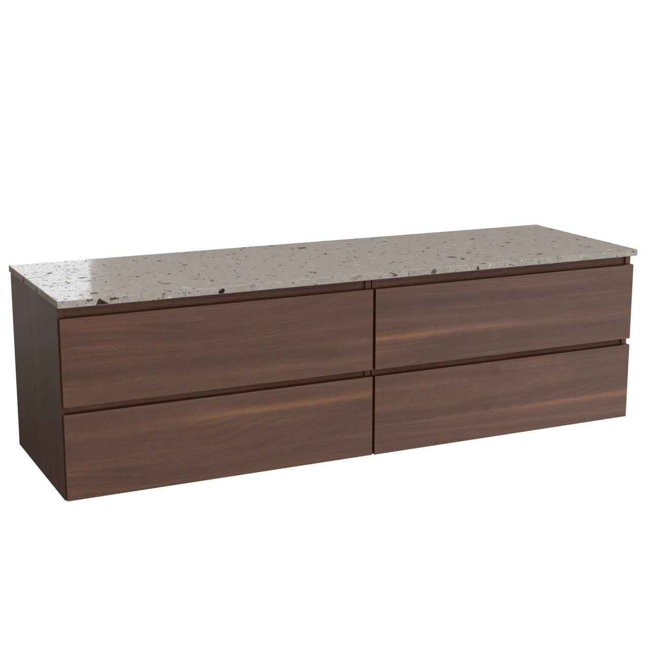 Balmani Lucida hängendes Möbelstück Set: 180 x 55 cm, Amerikanischer Nussbaum, mit Stretto Einzel- oder Doppel Waschtischplatte, Terrazzo in Greige