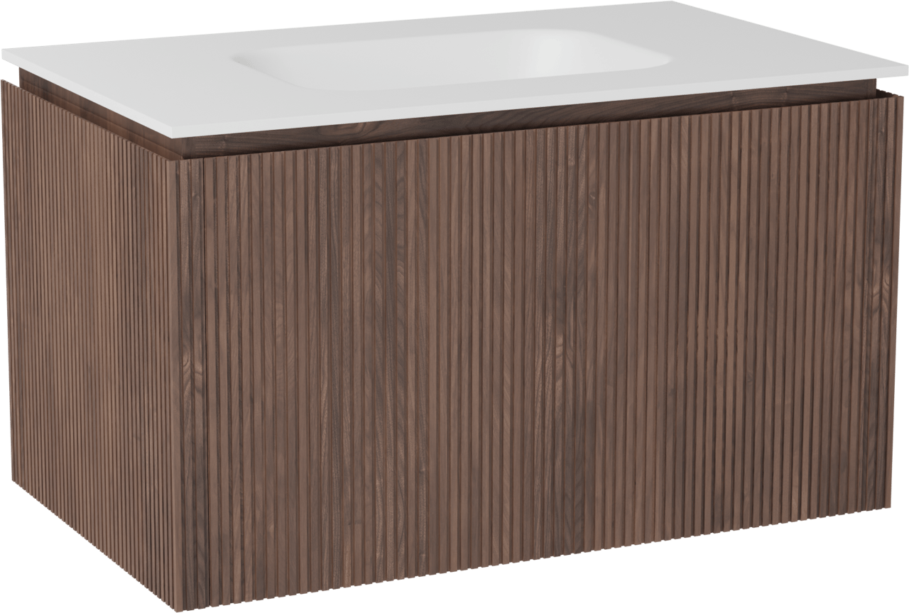 Balmani Eclips meuble salle de bains suspendu 90 x 55 cm Noyer américain avec Tablo Arcato plan simple en Solid Surface blanc mat, Nervure droite symétrique verticale