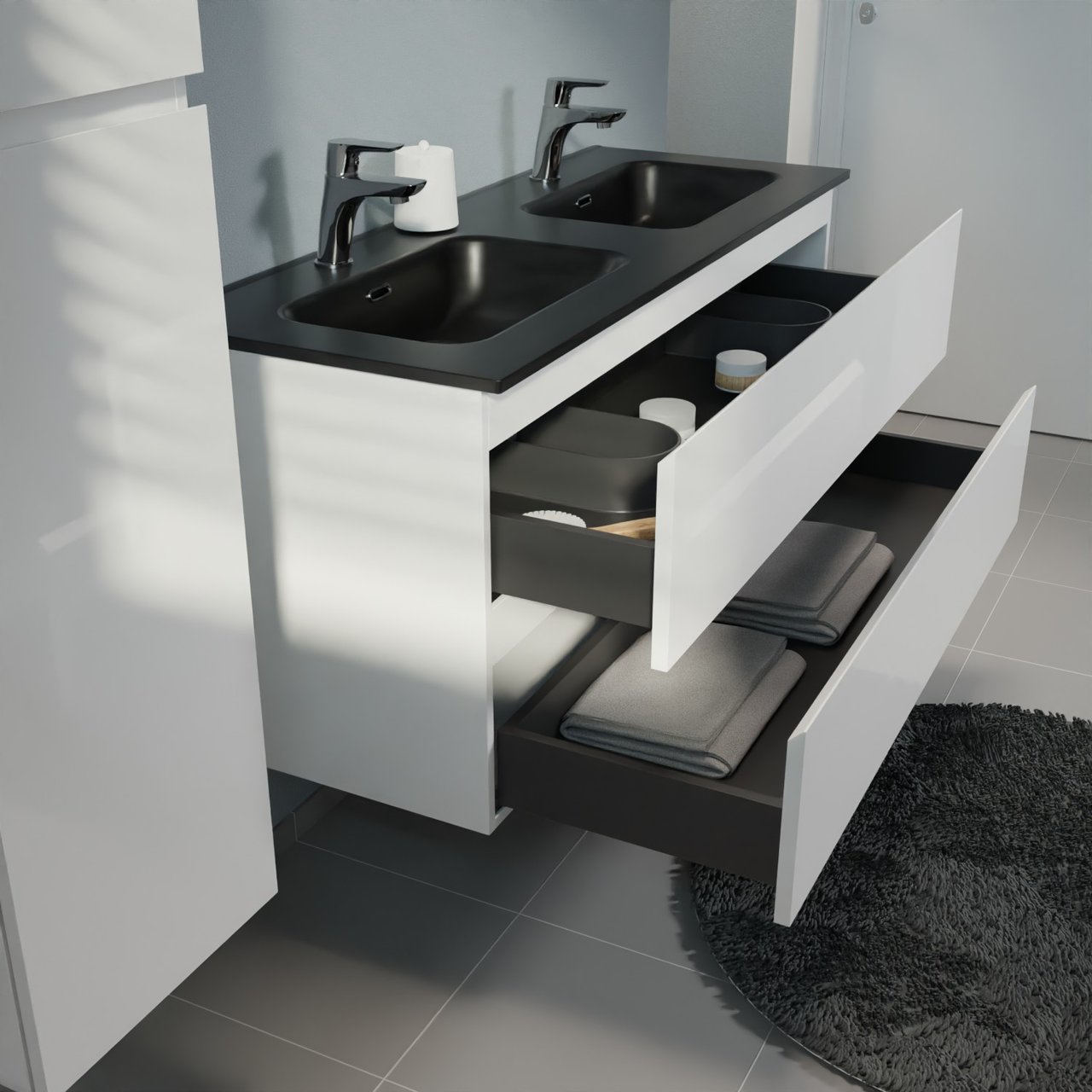 Linie Lado hängendes Möbelstück Set: 120 x 46 cm, Weiß glänzend, mit Baro Doppelwaschtisch, Porzellan Schwarz matt