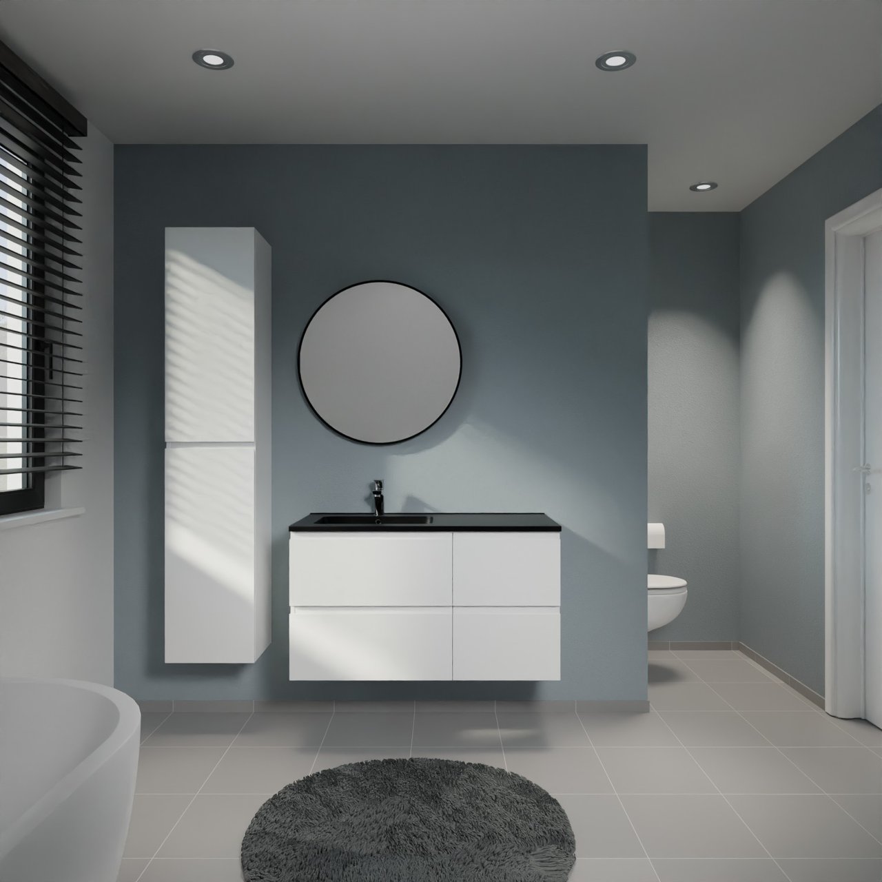 Linie Lado zwevend badkamermeubel 100 x 46 cm mat wit met Vano asymmetrisch linkse wastafel in composietmarmer mat zwart