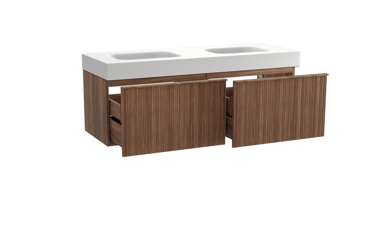 Balmani Forma zwevend badkamermeubel 150 x 55 cm amerikaanse notelaar met Arcato dubbele wastafel in solid surface mat wit, Verticale asymmetrische ronde ribbel